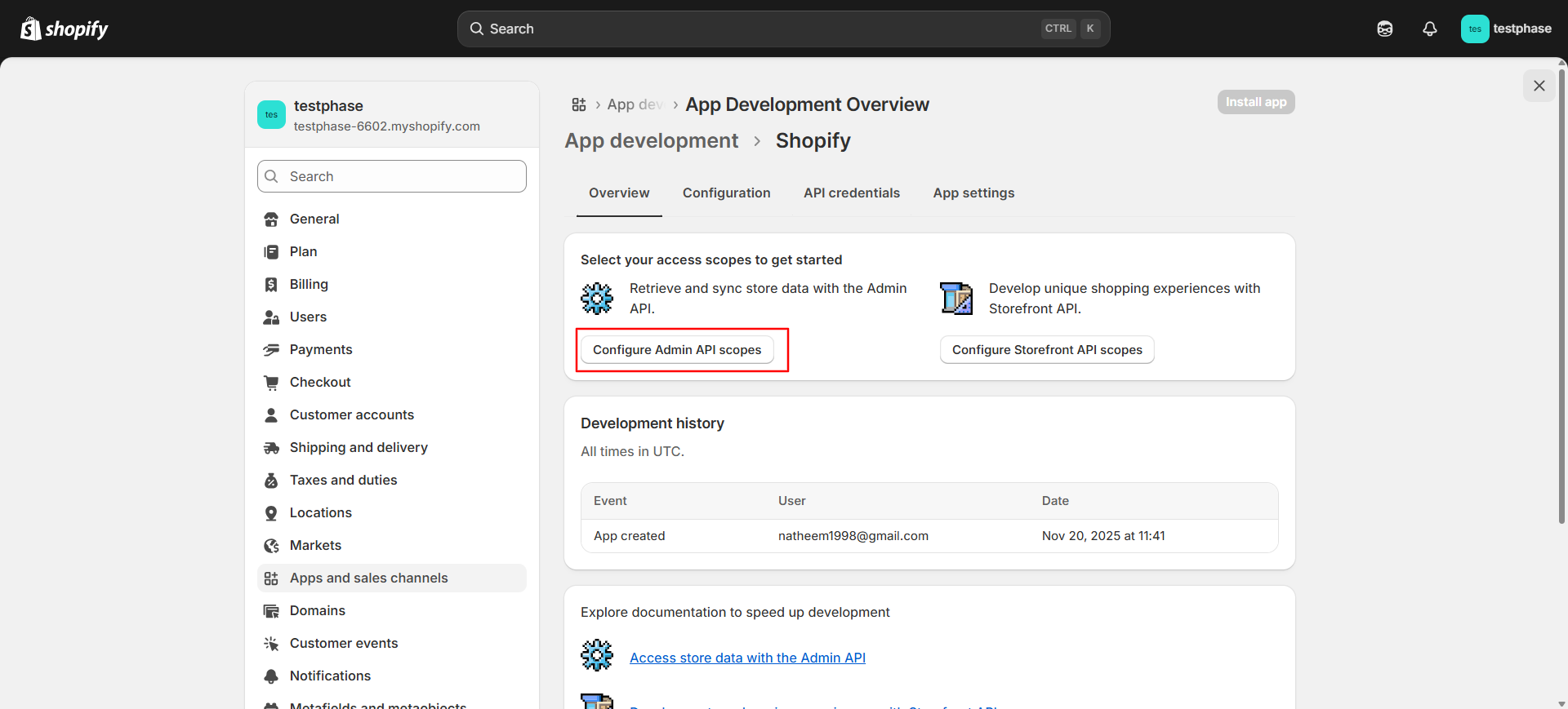 Add access scopes for the Shopify API
