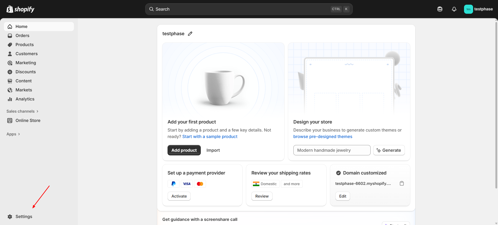 Shopify Settings Page